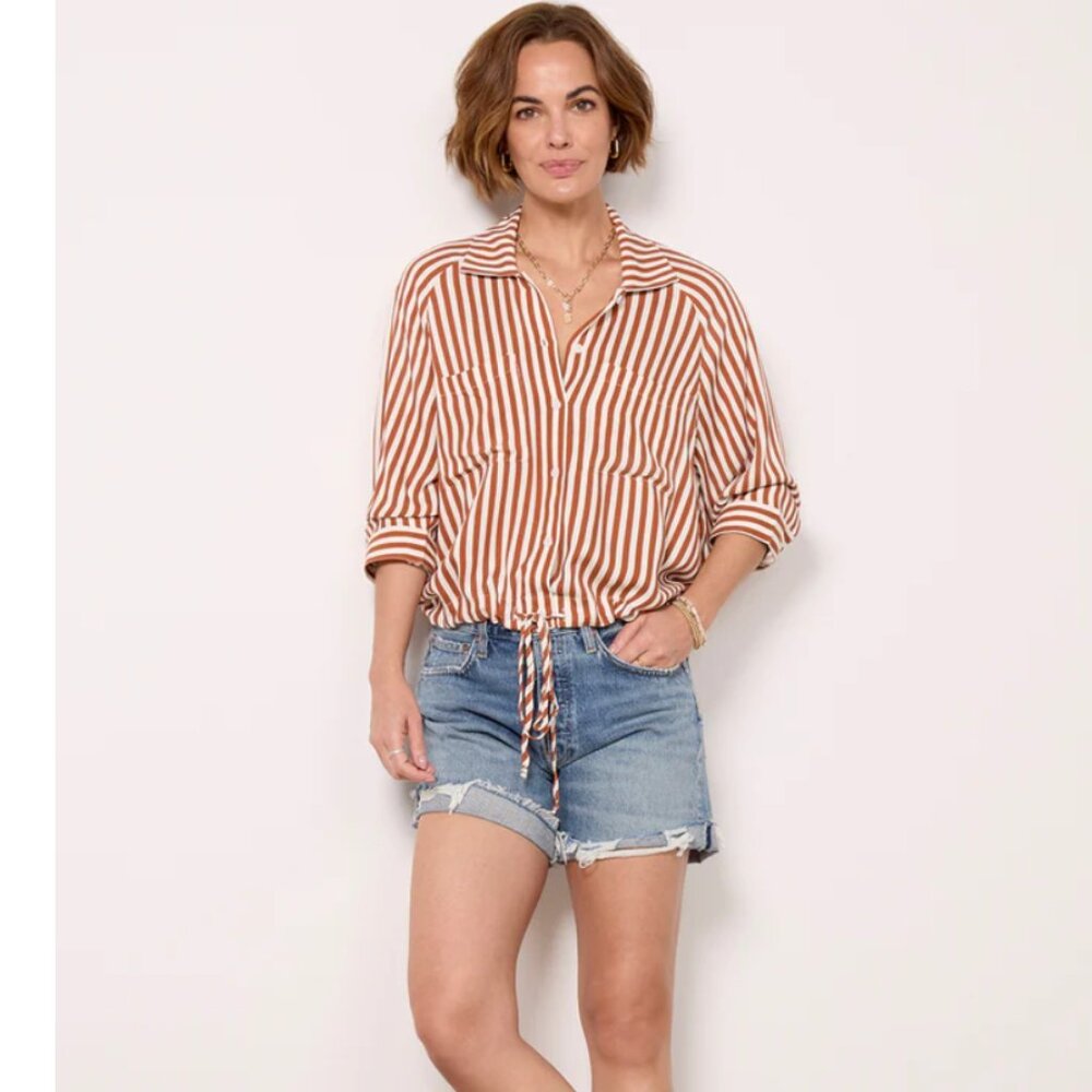 Everever Alpine Drawstring Button Down Rust Ivory Stripe New Size Medium